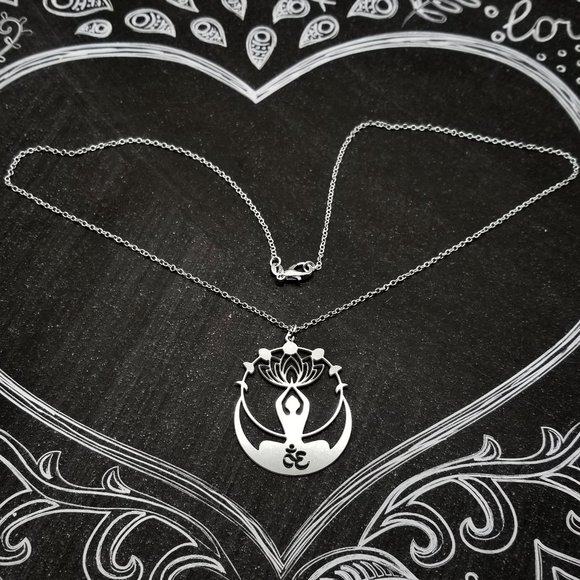 Om Buddha with Lotus & Moons Silver Necklace - Picture 2 of 3